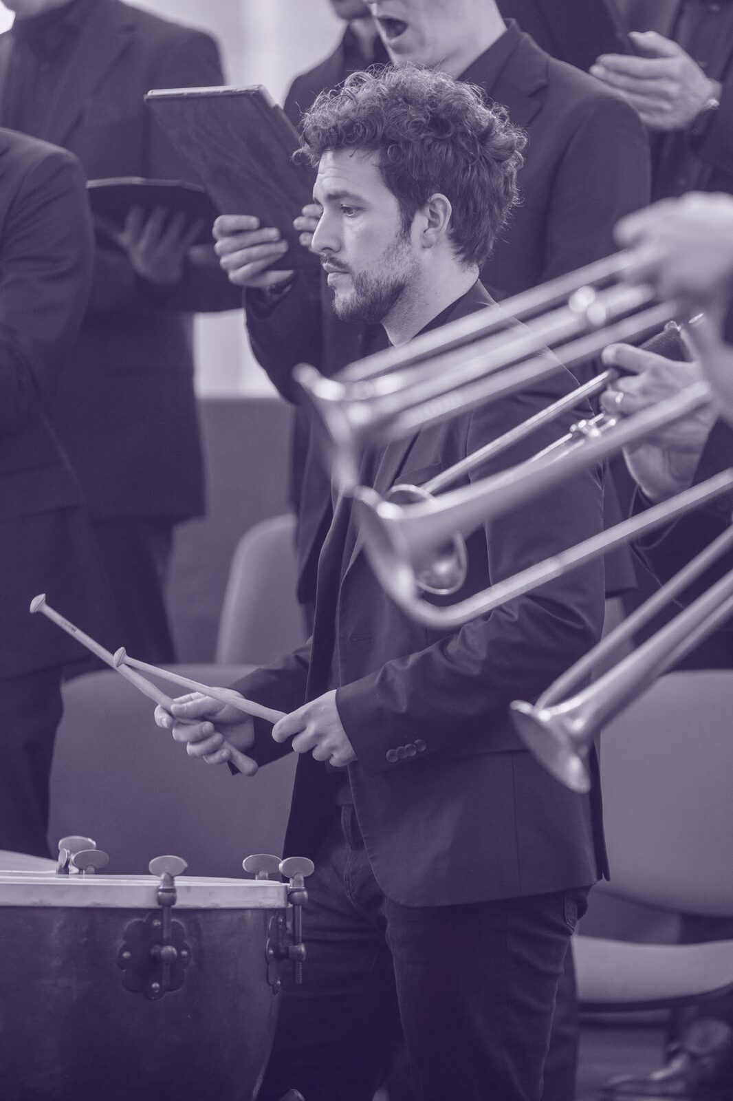 Pauken en trombones tijdens het paasconcert van de Cantatekaravaan in Goes
